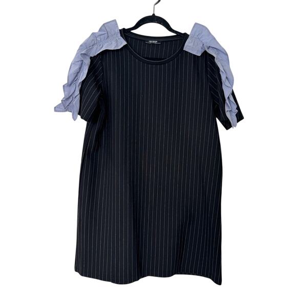 Zara Dresses & Skirts - ZARA Trafaluc Pinstripe Chambray Ruffle Sleeve Dress Tunic Sz L  Preppy Academia